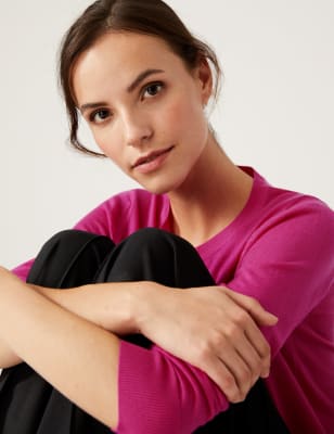 

Womens M&S Collection Strickjacke aus reiner Merinowolle mit Rundhalsausschnitt - Cerise, Cerise