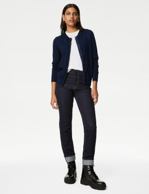 Marks And Spencer Womens M&S Collection Pure Merino Wool Crew Neck Cardigan - Navy, Navy