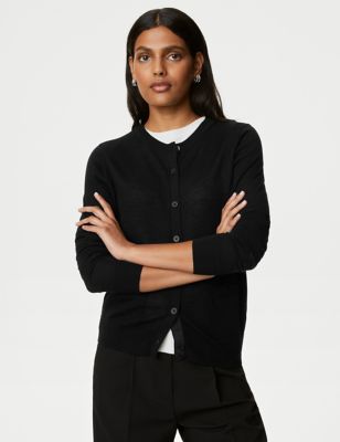 Marks And Spencer Womens M&S Collection Pure Merino Wool Crew Neck Cardigan - Black, Black