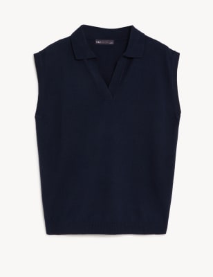 Collared Relaxed Knitted Vest with Linen