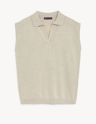 Collared Relaxed Knitted Vest with Linen