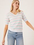 Striped V-Neck Knitted Top with Linen