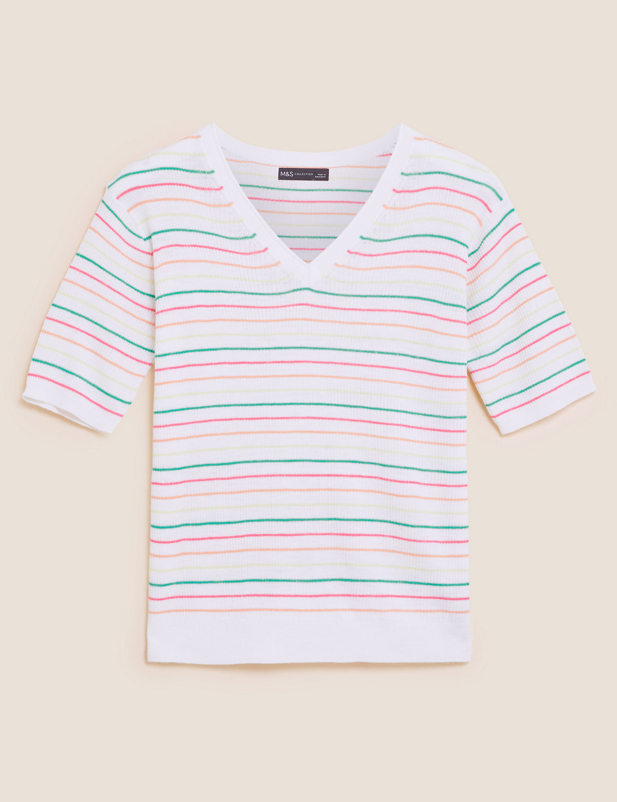 Striped V-Neck Knitted Top with Linen