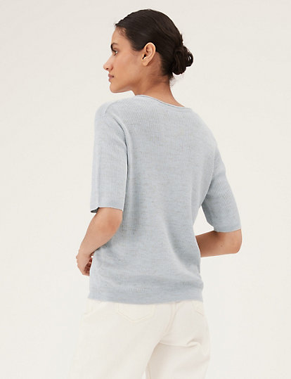 Ribbed V-Neck Knitted Top with Linen