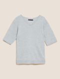 Ribbed V-Neck Knitted Top with Linen
