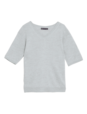 

Womens M&S Collection Ribbed V-Neck Knitted Top with Linen - Soft Peacock, Soft Peacock