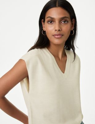 M&S Womens Pure Merino Wool V-Neck Knitted Vest - XL - Light Natural, Light Natural