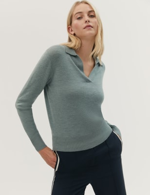 Marks And Spencer Womens M&S Collection Pure Merino Wool Collared Jumper - Khaki, Khaki