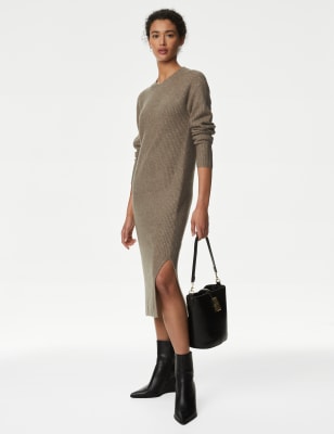 Air-Yarn Ribbed Split Hem Knitted Dress - CN