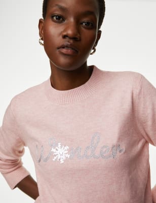 

Womens M&S Collection Sequin Slogan Crew Neck Jumper - Pink Shell, Pink Shell