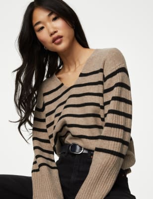 

Womens M&S Collection Air-Yarn Striped V-Neck Relaxed Jumper - Cappuccino, Cappuccino