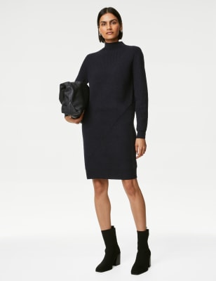 

Womens M&S Collection Knitted Ribbed Funnel Neck Mini Dress - Navy, Navy