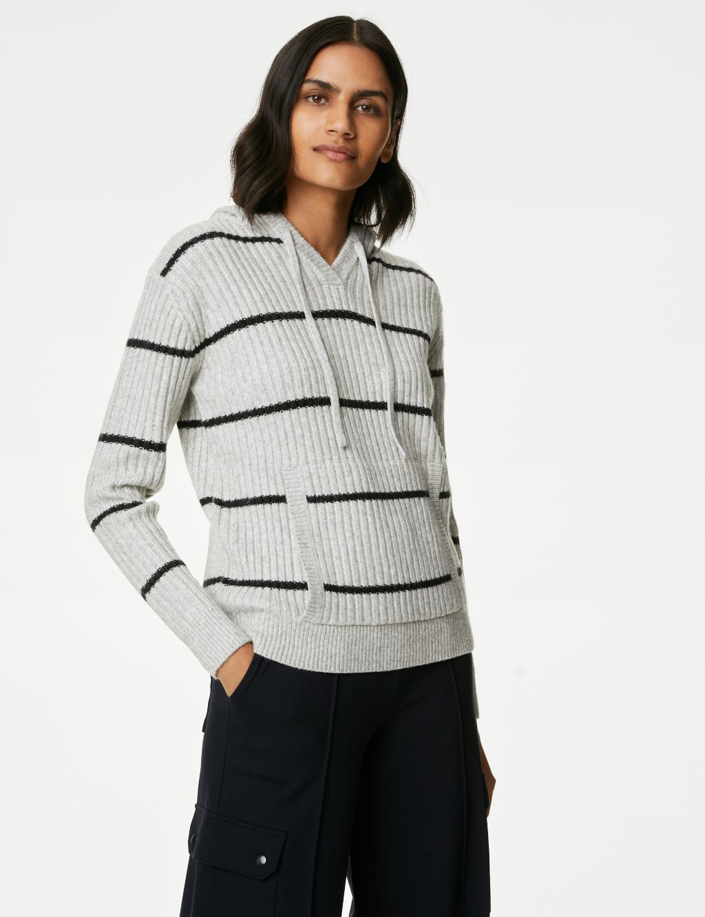 Striped V-Neck Knitted Hoodie image 4