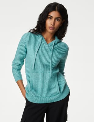 

Womens M&S Collection Ribbed V-Neck Hoodie - Turquoise, Turquoise