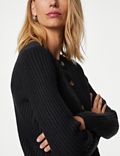 Knitted Ribbed Crew Neck Cardigan