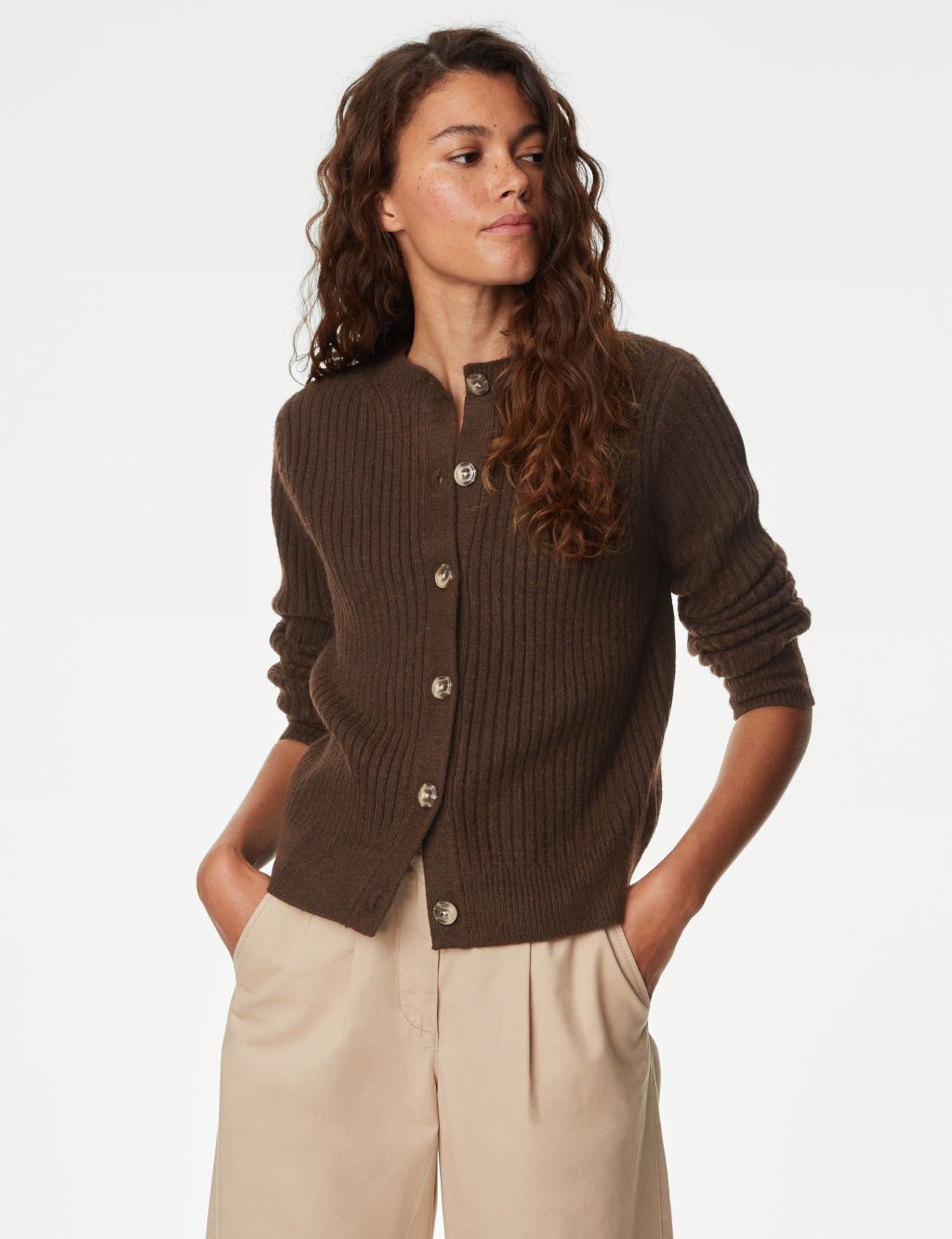 Knitted Ribbed Crew Neck Cardigan image 1