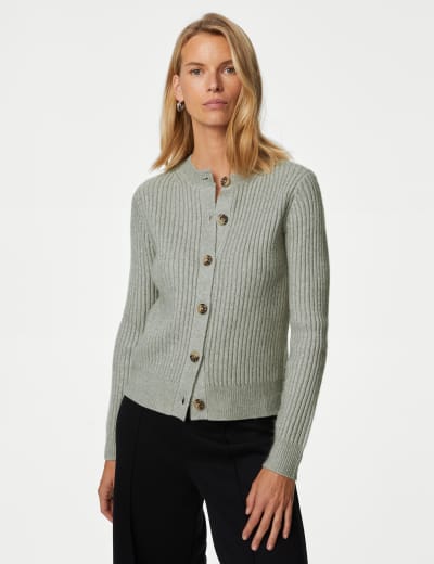 Knitted Ribbed Crew Neck Cardigan