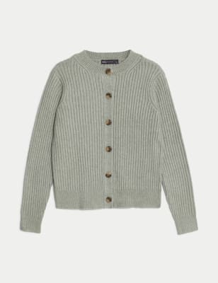 Knitted Ribbed Crew Neck Cardigan
