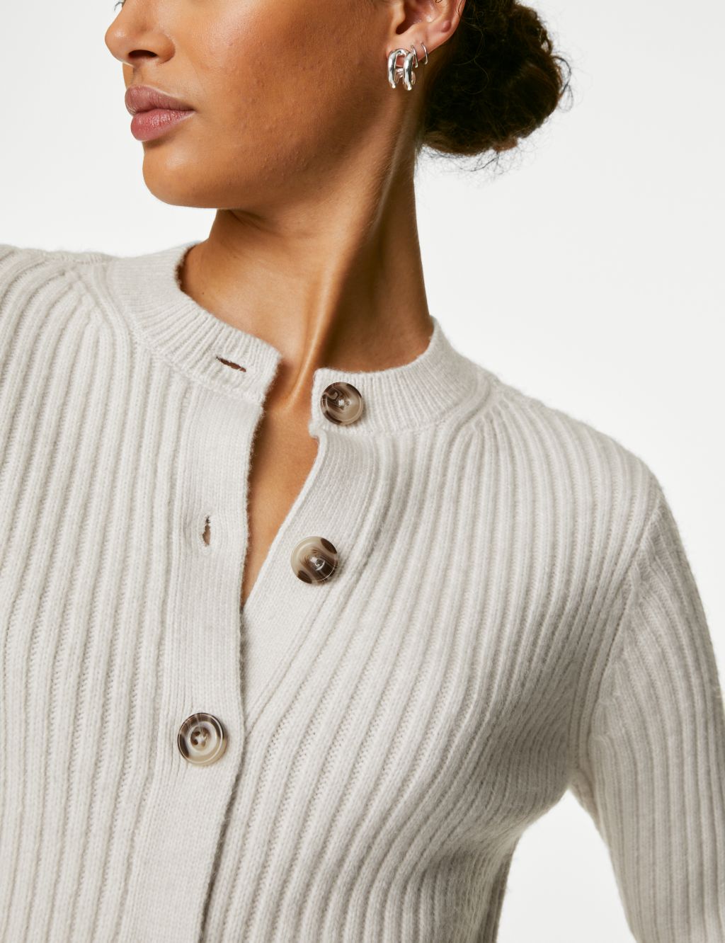 Knitted Ribbed Crew Neck Cardigan image 3