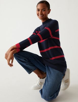 Marks And Spencer Womens M&S Collection Striped Funnel Neck Relaxed Longline Jumper - Navy Mix