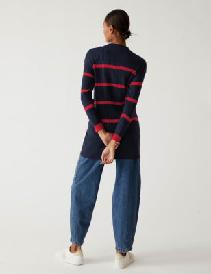 Striped Funnel Neck Relaxed Longline Jumper