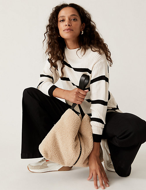 Marks And Spencer Womens M&S Collection Striped Funnel Neck Relaxed Longline Jumper - Oatmeal Mix, Oatmeal Mix