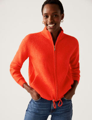 

Womens M&S Collection Ribbed Funnel Neck Zip Up Cardigan - Flame, Flame