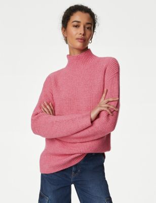 

Womens M&S Collection Cloud-yarn Ribbed Funnel Neck Jumper - Bright Rose, Bright Rose