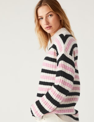 Ribbed Striped Funnel Neck Longline Jumper