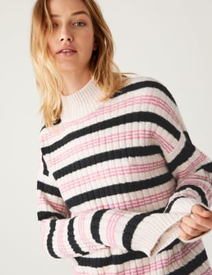 Ribbed Striped Funnel Neck Longline Jumper