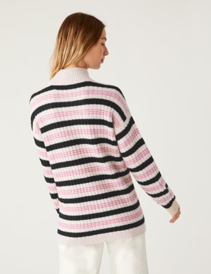 Ribbed Striped Funnel Neck Longline Jumper