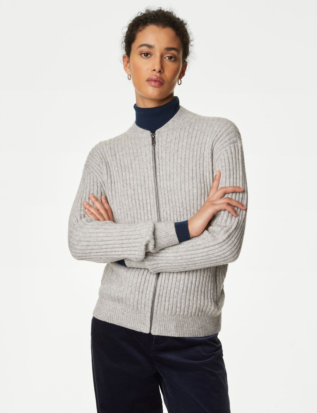 Knitted Ribbed Crew Neck Cardigan image 3
