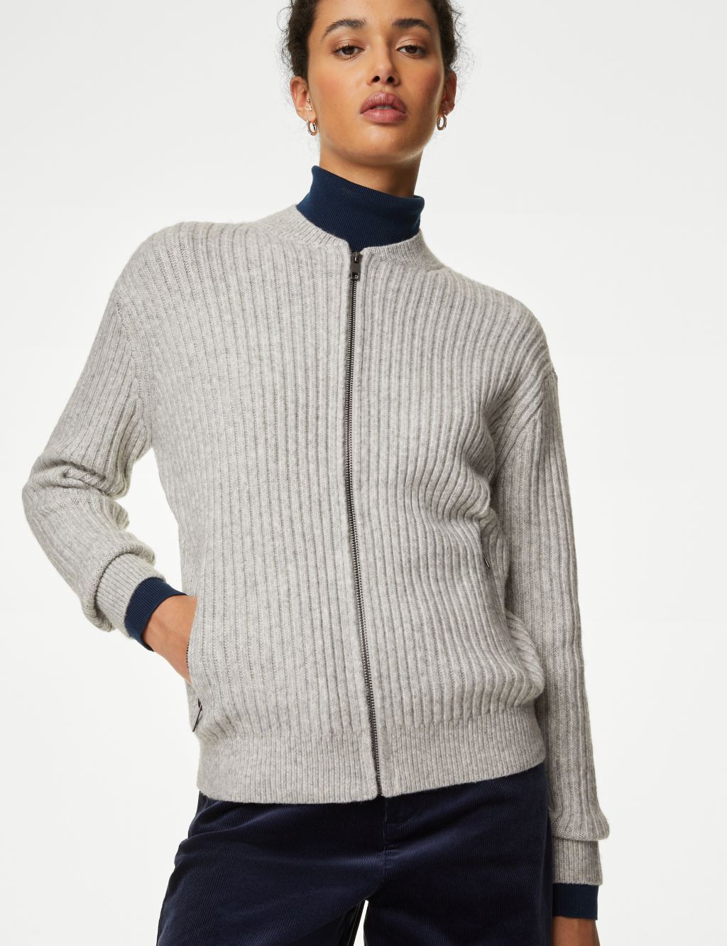Knitted Ribbed Crew Neck Cardigan image 4