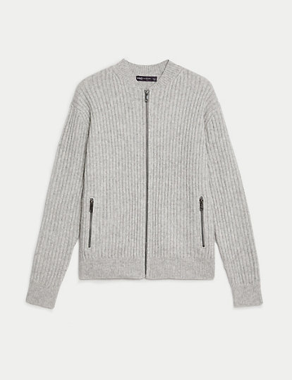 Knitted Ribbed Crew Neck Cardigan