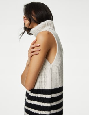 Striped Ribbed Roll Neck Knitted Vest - CN