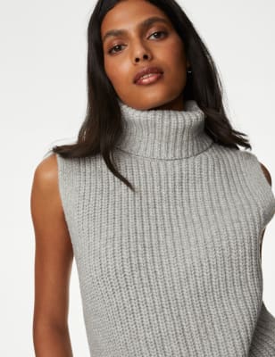 

Womens M&S Collection Recycled Blend Ribbed Roll Neck Knitted Vest - Grey Marl, Grey Marl