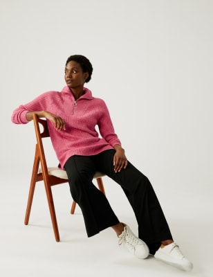 Marks And Spencer Womens M&S Collection Ribbed Funnel Neck Relaxed Longline Jumper - Pink