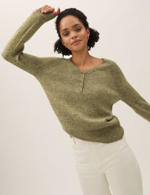 

Womens M&S Collection Striped Button Detail Jumper with Wool - Khaki, Khaki