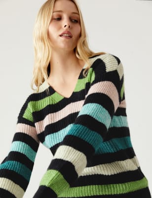 

Womens M&S Collection Striped Ribbed V-Neck Jumper with Wool - Green Mix, Green Mix