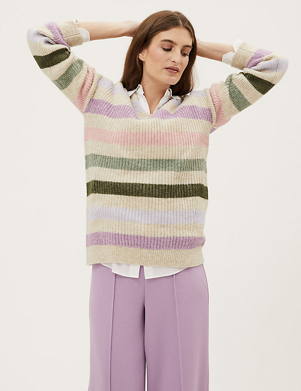 Striped Ribbed V-Neck Jumper with Wool - TN