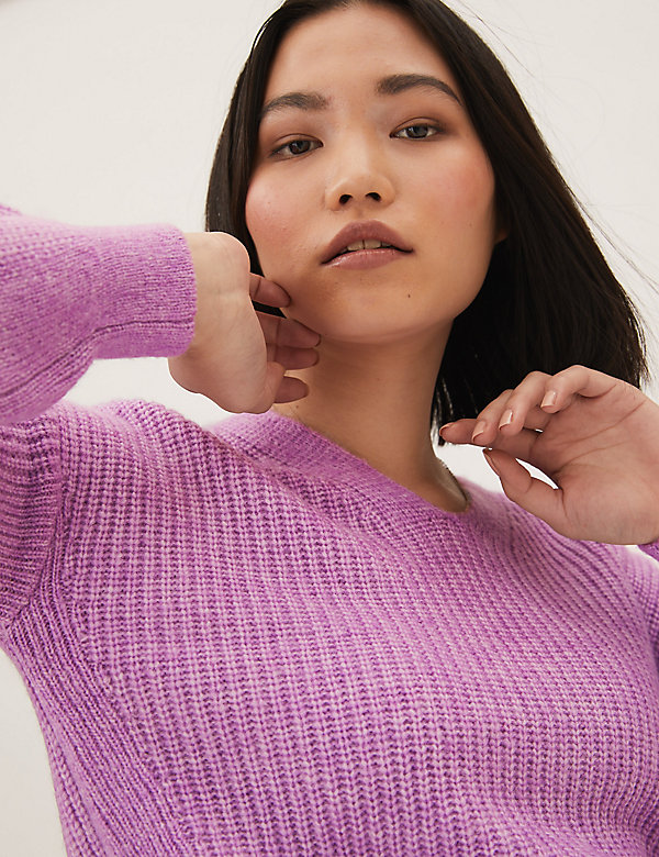 Textured Ribbed V-Neck Jumper with Wool - TN