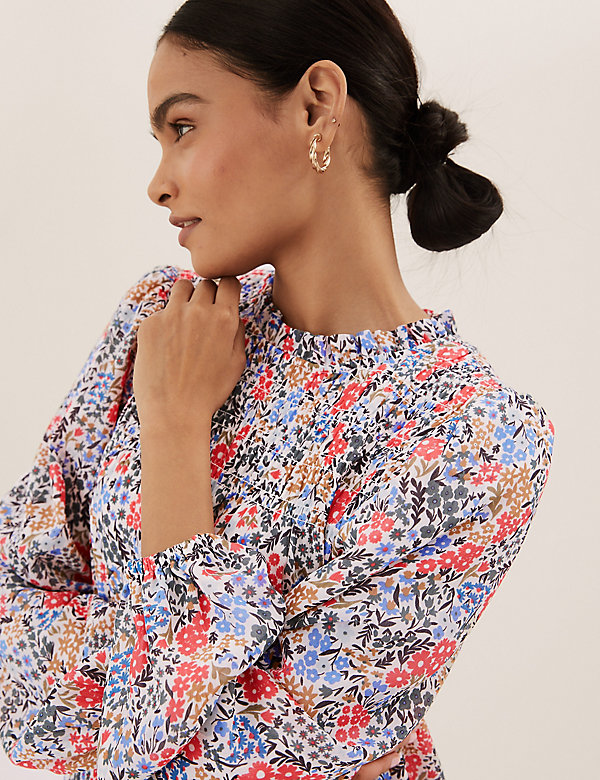 Ditsy Floral Smocked Long Sleeve Blouse - EE