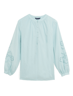 

Womens M&S Collection Pure Cotton Longline Puff Sleeve Blouse - Soft Peacock, Soft Peacock