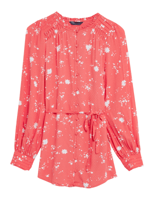 

M&S Collection Blusa de corte largo estampada con lazo en la parte delanteraWomens - Coral Mix, Coral Mix