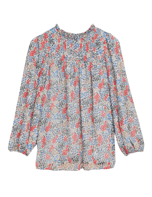 

M&S Collection Blusa de manga larga fruncida estampadaWomens - Blue Mix, Blue Mix