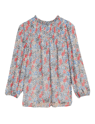 

Womens M&S Collection Printed Smocked Long Sleeve Blouse - Blue Mix, Blue Mix