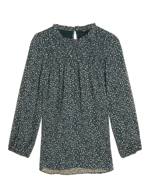 

Womens M&S Collection Gesmokte Langarmbluse mit Muster - Green Mix, Green Mix