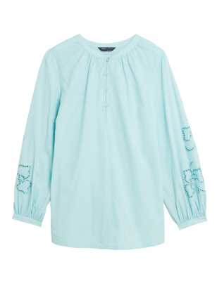 

Womens M&S Collection Pure Cotton Textured Puff Sleeve Blouse - Soft Peacock, Soft Peacock