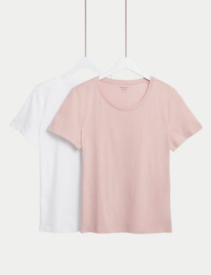 M&S Women's 2pk Pure Cotton T-Shirt - 8 - Pink Mix, Pink Mix,Black/White