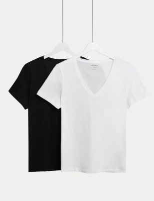 M&S Women's 2pk Pure Cotton V-Neck T-Shirts - 8 - Black/White, Black/White